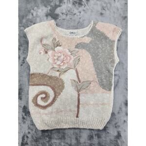 Vintage Erika Floral Pearls Short Sleeve Sweater Size S Cream Pink Linen Blend